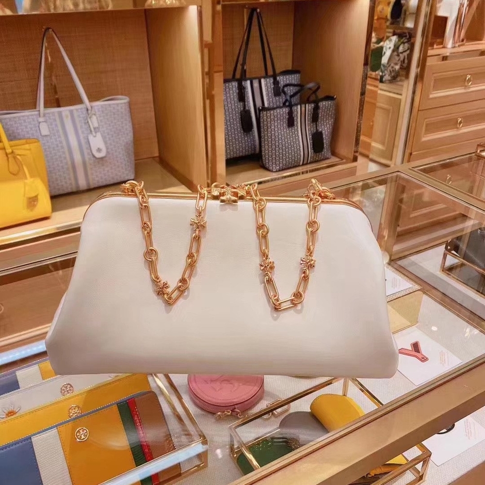 Tory Burch Cleo White Shoulder Bag with Gold Chain